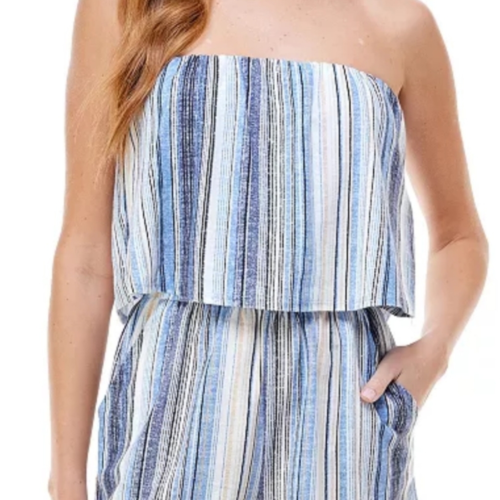 BeBop Romper - Elastic Waist, Pockets, Blue White Striped Tube Top -  XL
